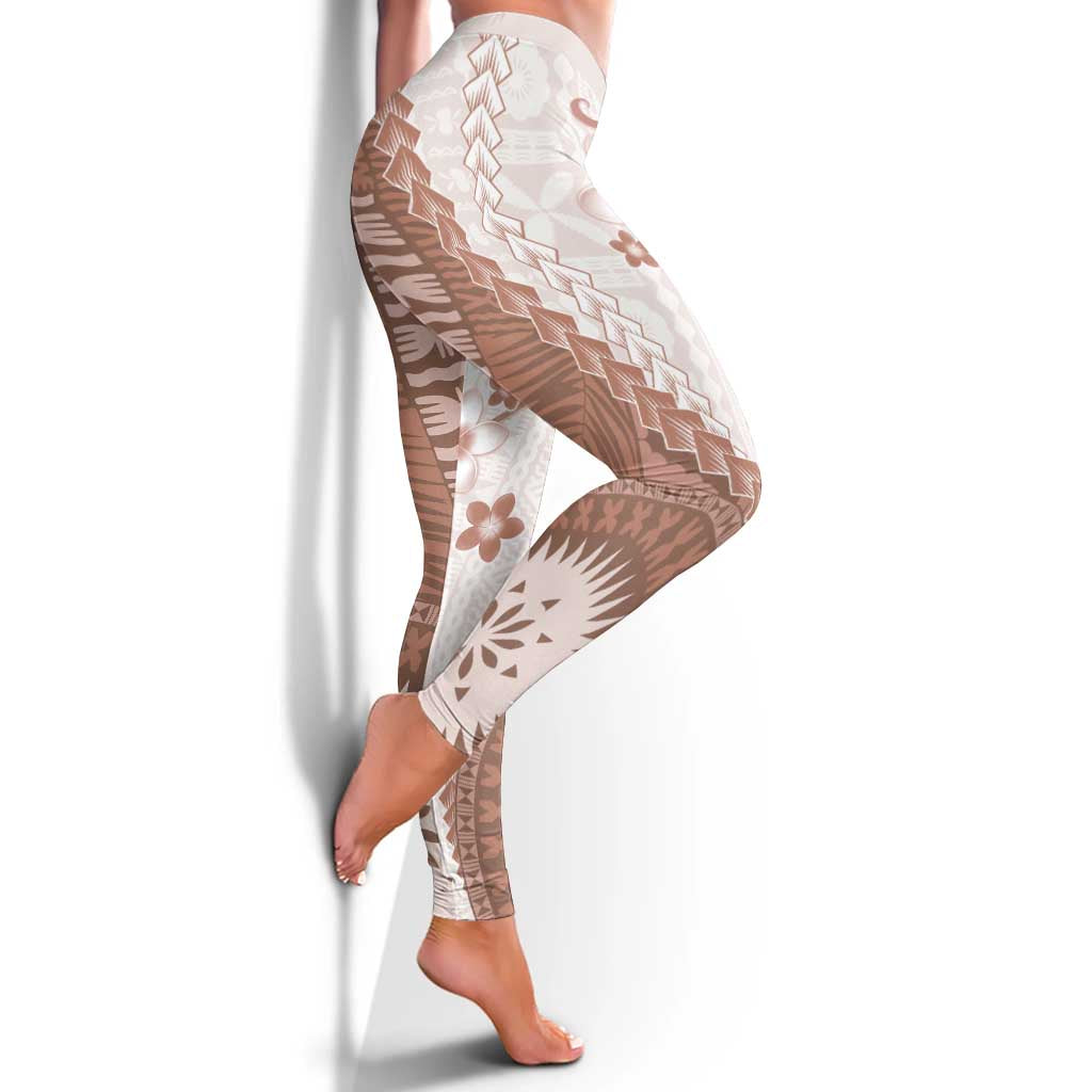 Bula Fiji Leggings Brown Plumeria Masi Tapa Pattern - Polynesian Pride