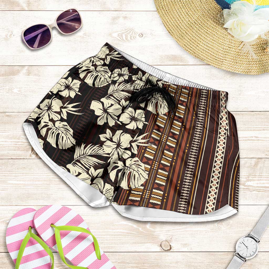Bula Fiji Masi Shorts for Women Tapa Tropical Hibiscus Half Stylized - Polynesian Pride