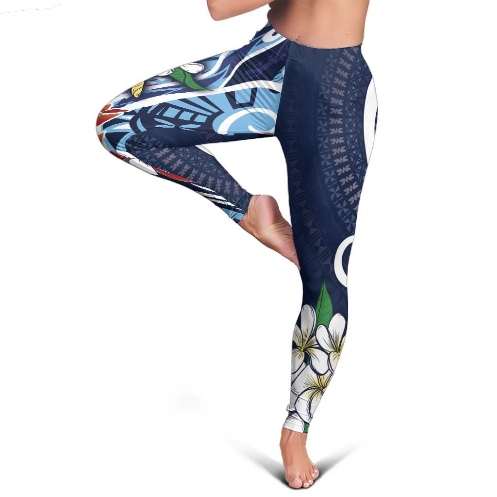 Bula Fiji Tagimaucia Mix Plumeria Masi Tapa Leggings Blue