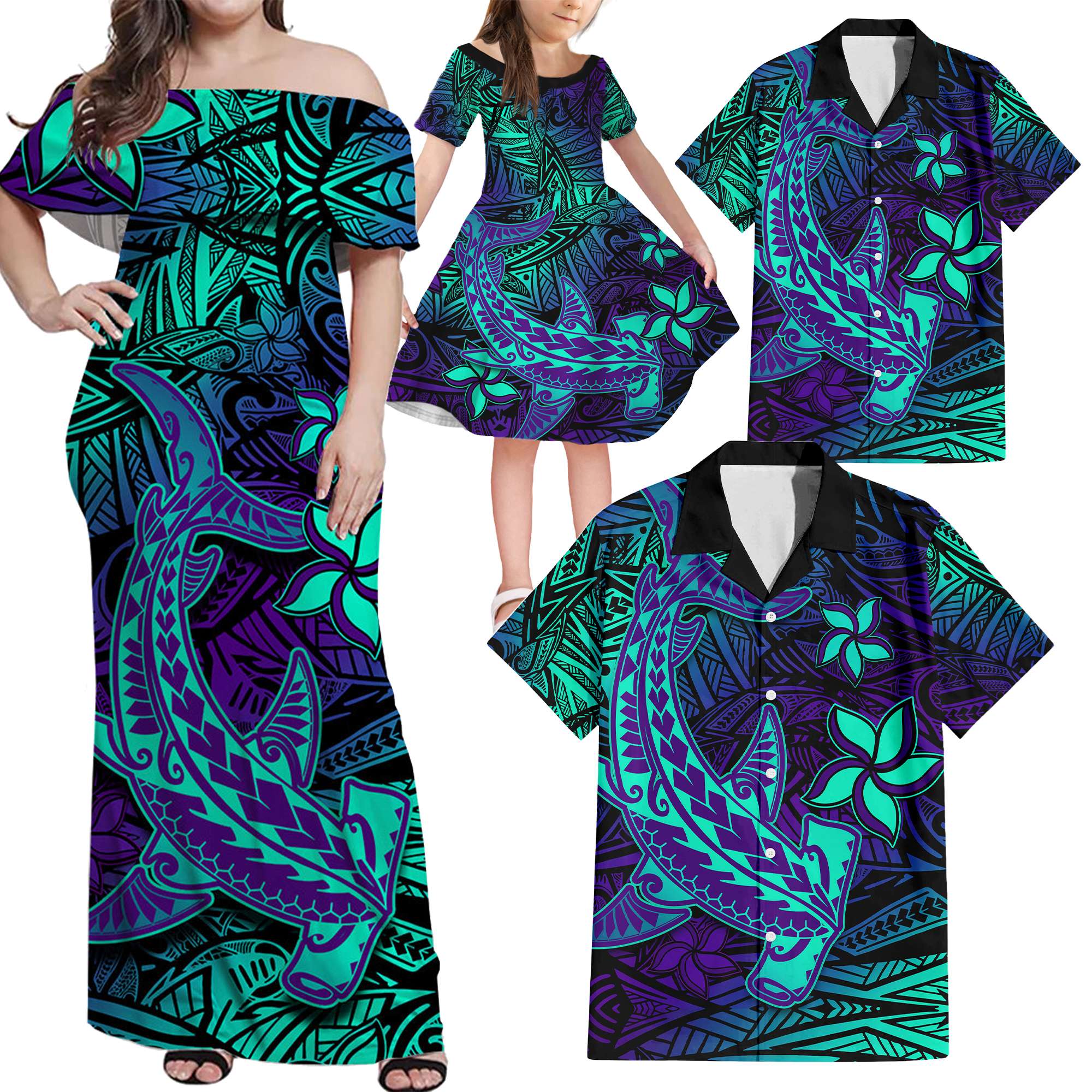 Purple Polynesian Family Matching Outfits Off Shoulder Maxi Dress And Hawaiian Shirt Tribal Hammerhead Shark LT14 - Polynesian Pride