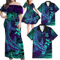 Purple Polynesian Family Matching Outfits Off Shoulder Maxi Dress And Hawaiian Shirt Tribal Hammerhead Shark LT14