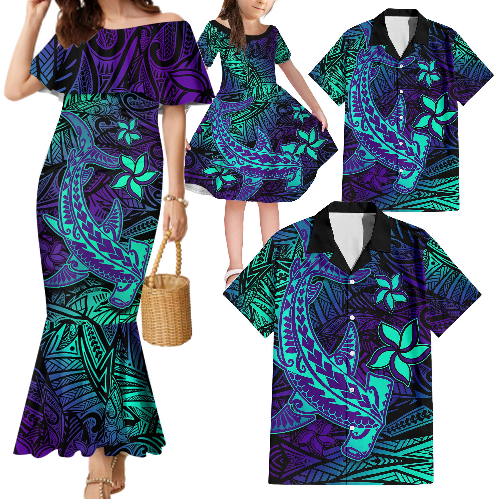 Purple Polynesian Family Matching Outfits Mermaid Dress And Hawaiian Shirt Tribal Hammerhead Shark LT14 - Polynesian Pride