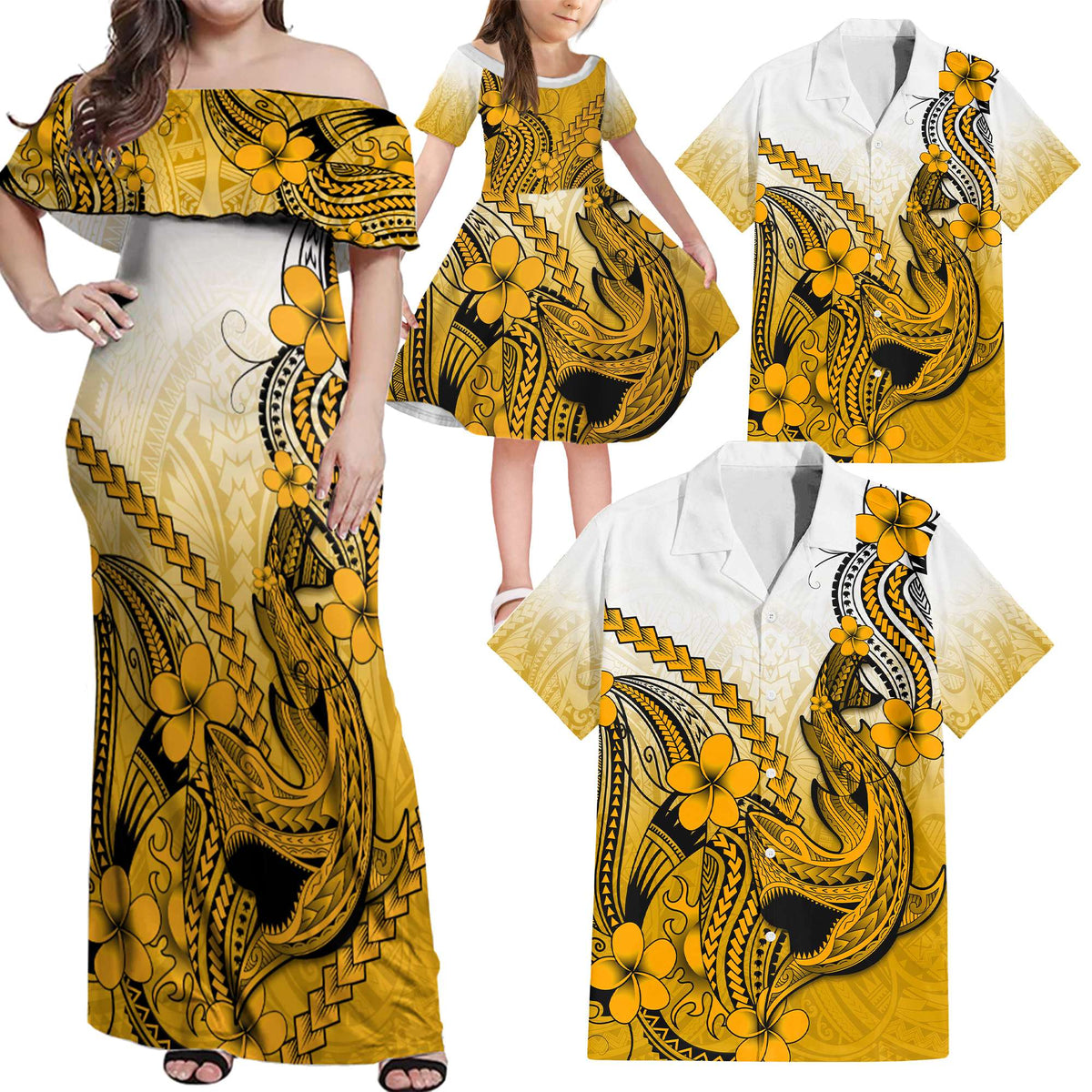 Gold Hawaii Family Matching Outfits Off Shoulder Maxi Dress And Hawaiian Shirt Polynesian Shark Tattoo LT14 Dad's Shirt - 5XL - Polynesian Pride