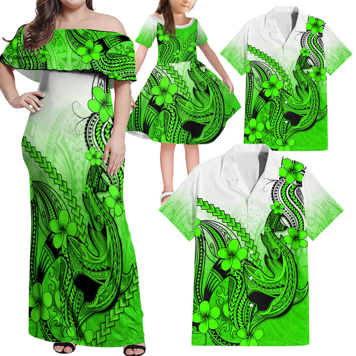 Green Hawaii Family Matching Outfits Off Shoulder Maxi Dress And Hawaiian Shirt Polynesian Shark Tattoo LT14 Dad's Shirt - 5XL - Polynesian Pride