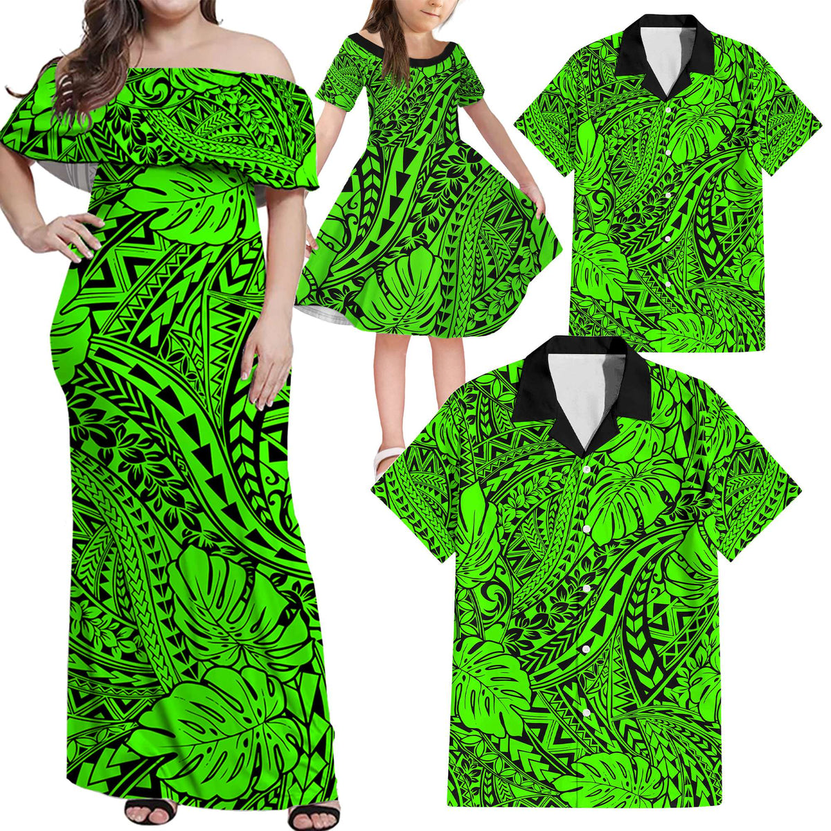 Green Hawaii Family Matching Off Shoulder Maxi Dress And Hawaiian Shirt Tribal Art LT14 Mom's Dress - 10XL - Polynesian Pride