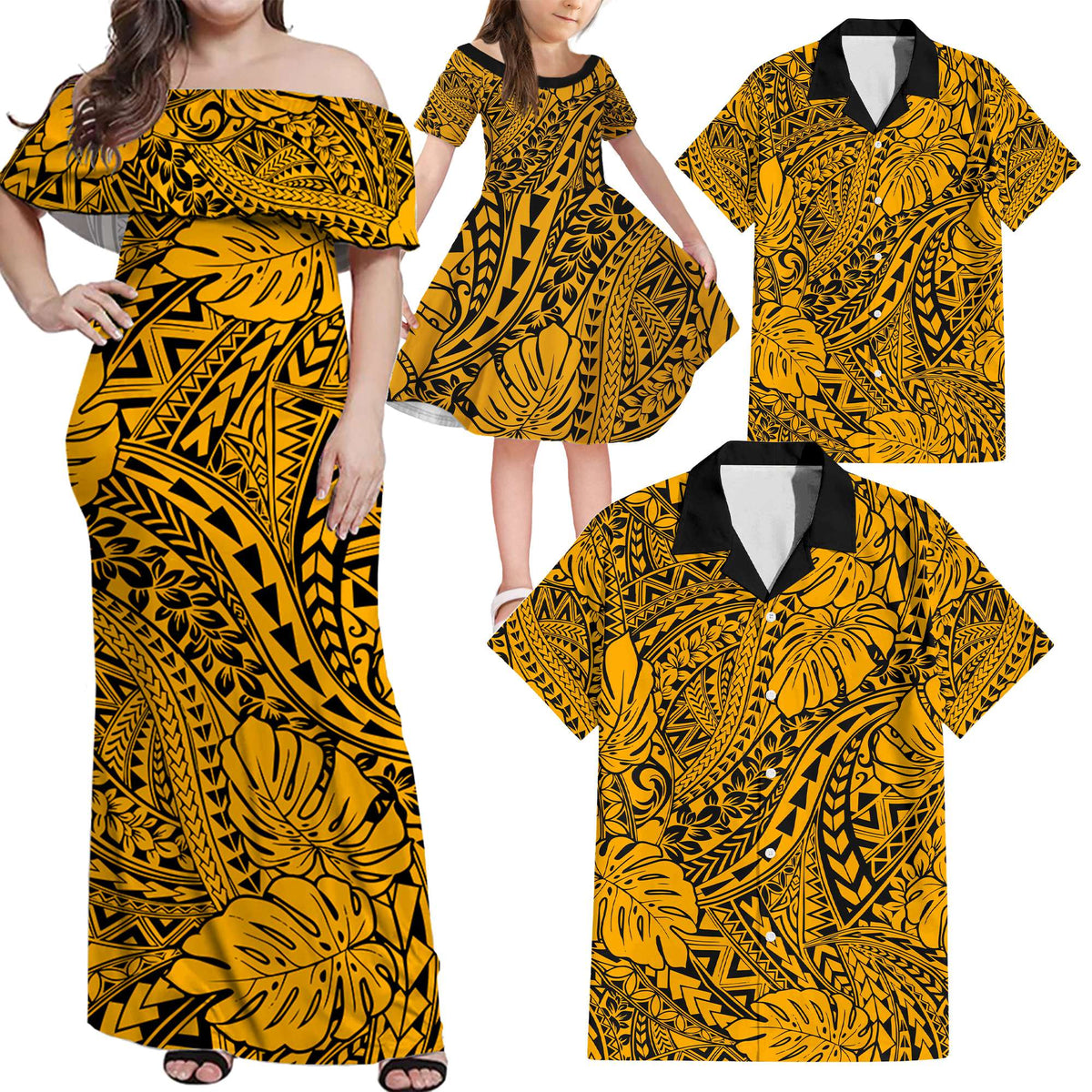 Gold Hawaii Family Matching Off Shoulder Maxi Dress And Hawaiian Shirt Tribal Art LT14 Dad's Shirt - 6XL - Polynesian Pride