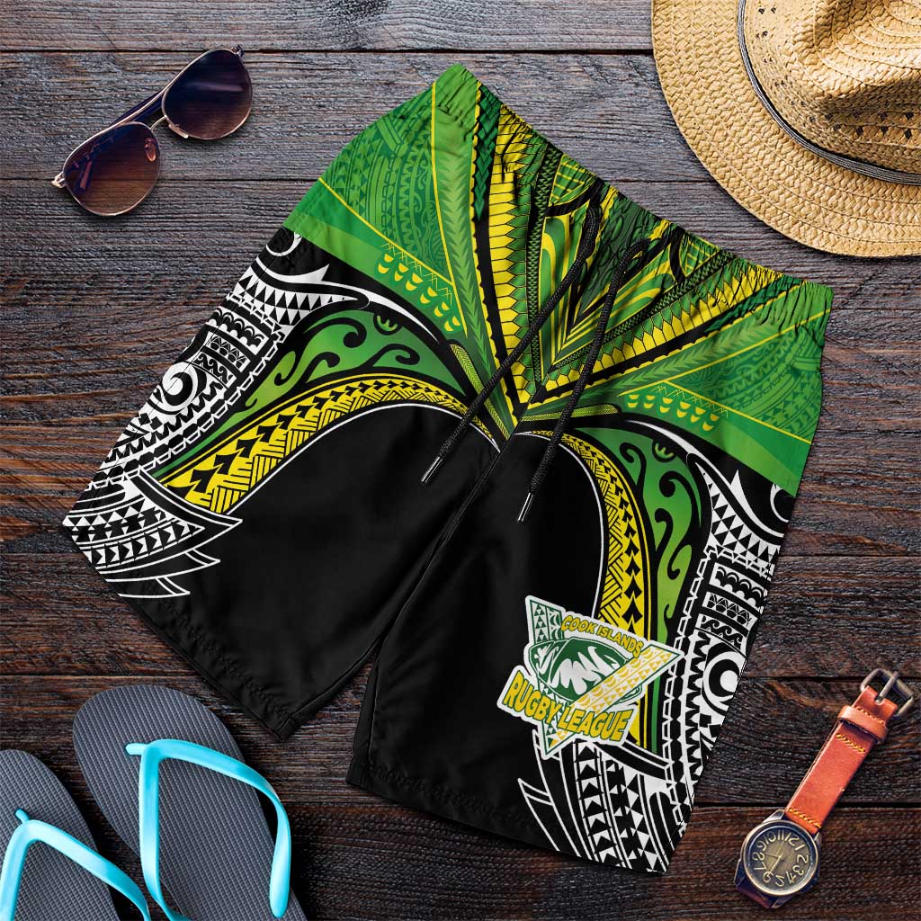 Cook Islands Rugby League Shorts for Men Polynesian and Tatau Tribal Art - Black Color