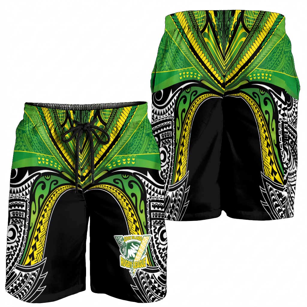 Cook Islands Rugby League Shorts for Men Polynesian and Tatau Tribal Art - Black Color