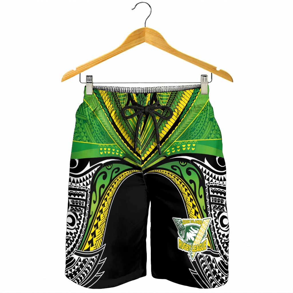 Cook Islands Rugby League Shorts for Men Polynesian and Tatau Tribal Art - Black Color