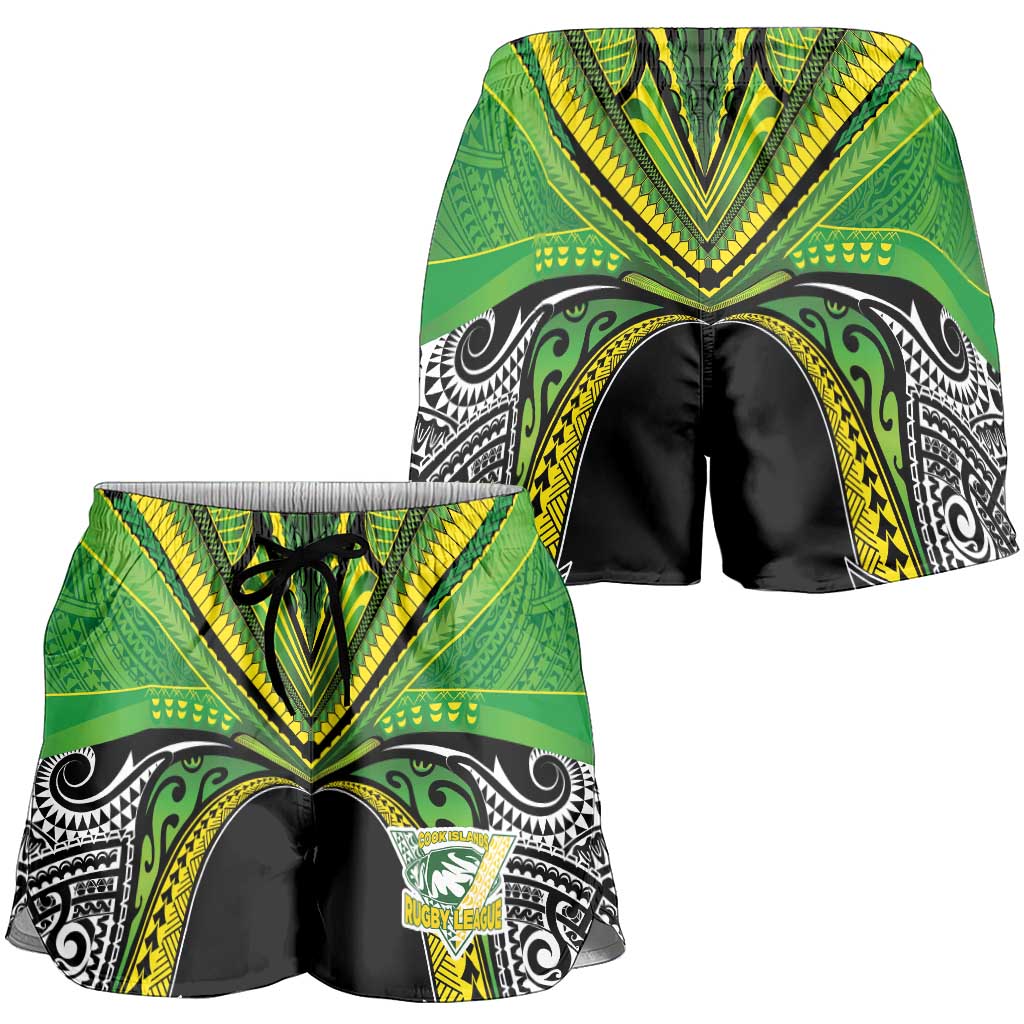 Cook Islands Rugby League Shorts for Women Polynesian and Tatau Tribal Art - Black Color