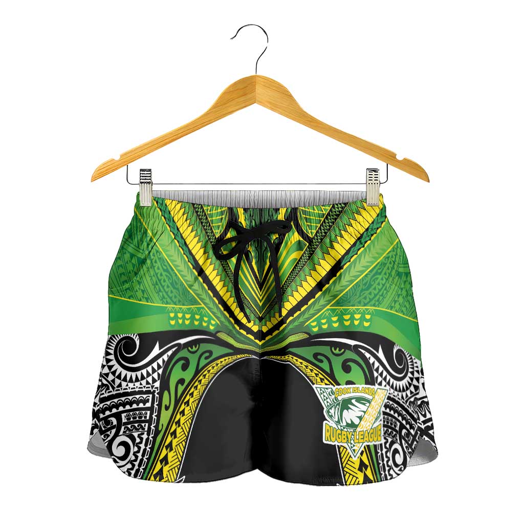 Cook Islands Rugby League Shorts for Women Polynesian and Tatau Tribal Art - Black Color