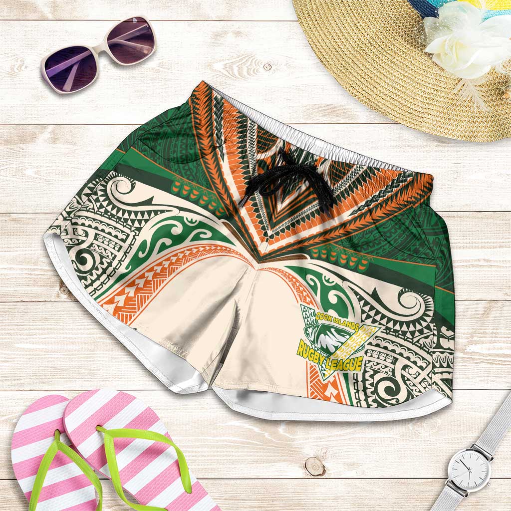 Cook Islands Rugby League Shorts for Women Polynesian and Tatau Tribal Art - Retro Palette