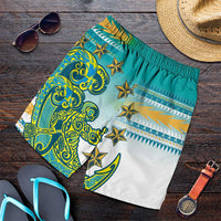 Cook Islands Va'a Race Shorts for Men Te Tatau Tattoos Sporty Style Turquoise Color - Polynesian Pride
