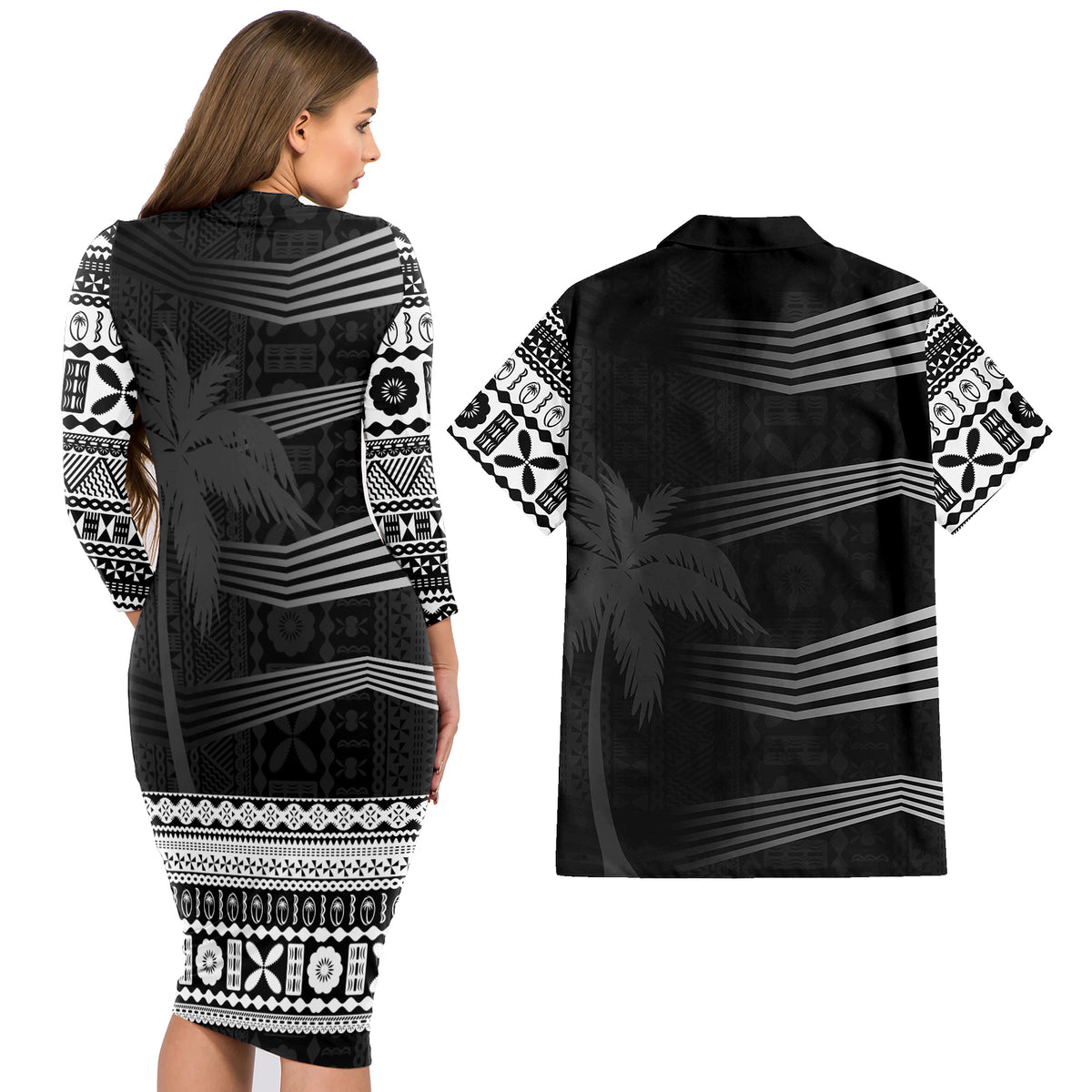Fiji Rugby Couples Matching Long Sleeve Bodycon Dress and Hawaiian Shirt Kaiviti - Black LT7 - Polynesian Pride