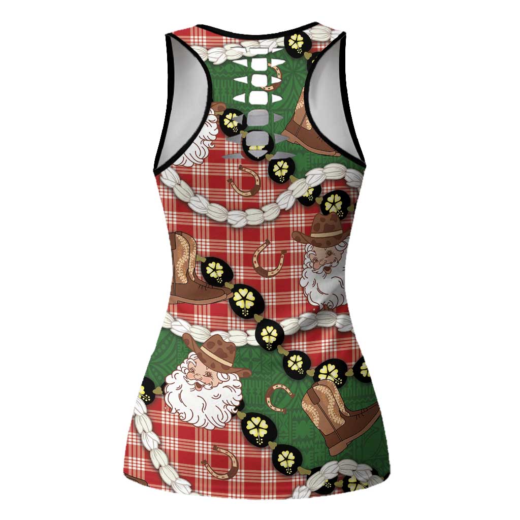 Cowboy Hawaii Mele Kalikimaka Hollow Tank Top Paniolo Kukui Nut Pikake Lei Red Version - Polynesian Pride