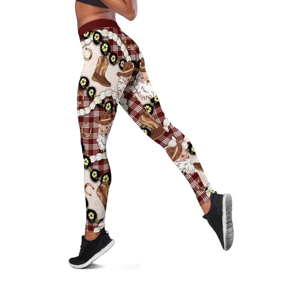 Cowboy Hawaii Mele Kalikimaka Leggings Paniolo Kukui Nut Pikake Lei Burgundy Version - Polynesian Pride