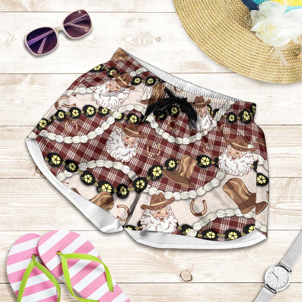 Cowboy Hawaii Mele Kalikimaka Shorts for Women Paniolo Kukui Nut Pikake Lei Burgundy Version - Polynesian Pride