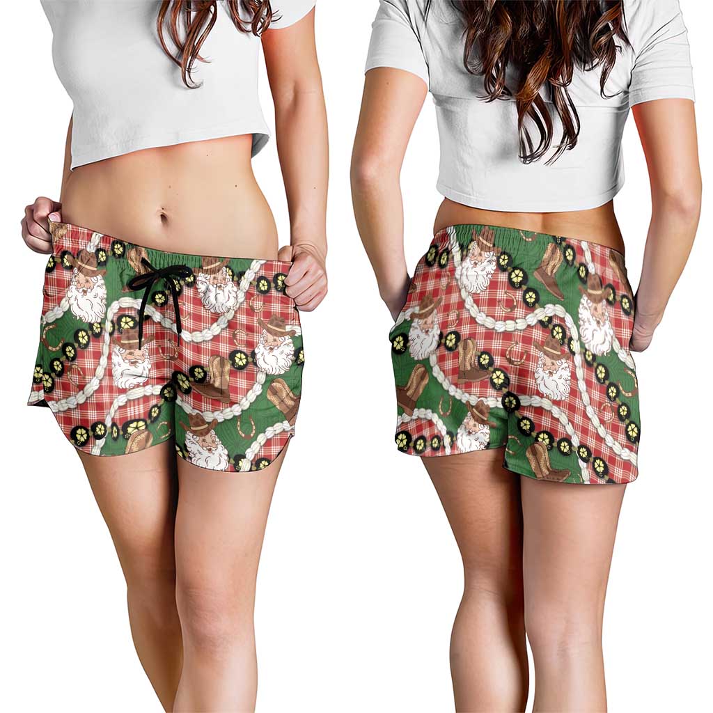 Cowboy Hawaii Mele Kalikimaka Shorts for Women Paniolo Kukui Nut Pikake Lei Red Version - Polynesian Pride
