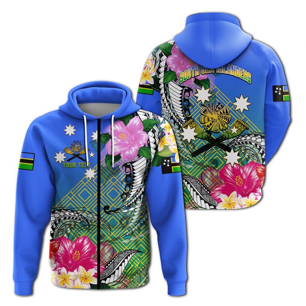 Custom South Sea Islanders Kanakas Hibiscus Polynesia Hoodie LT2 Zip Hoodie BLUE - Polynesian Pride