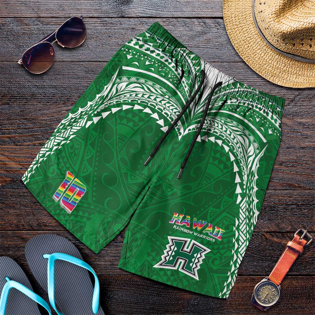 Custom Hawaii Rainbow Warriors Shorts for Men Polynesian Motif Green Color