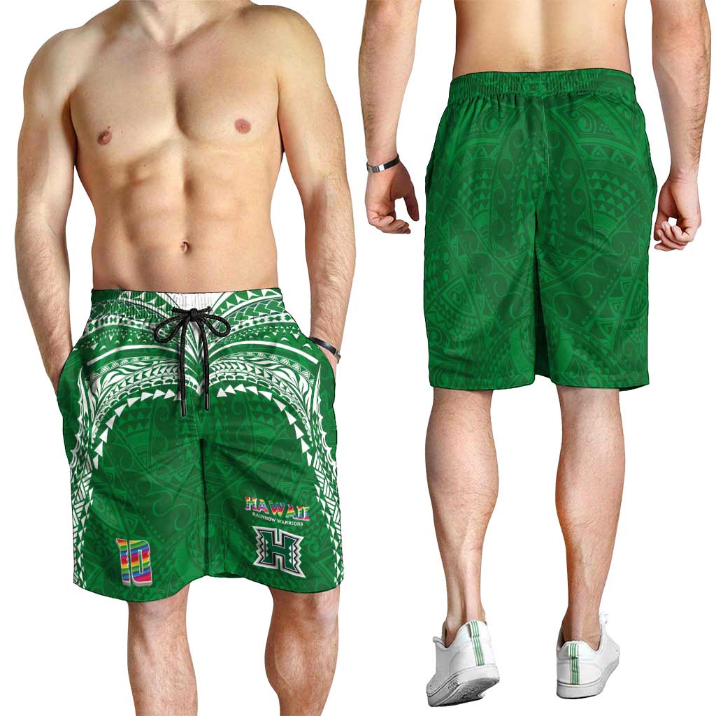 Custom Hawaii Rainbow Warriors Shorts for Men Polynesian Motif Green Color