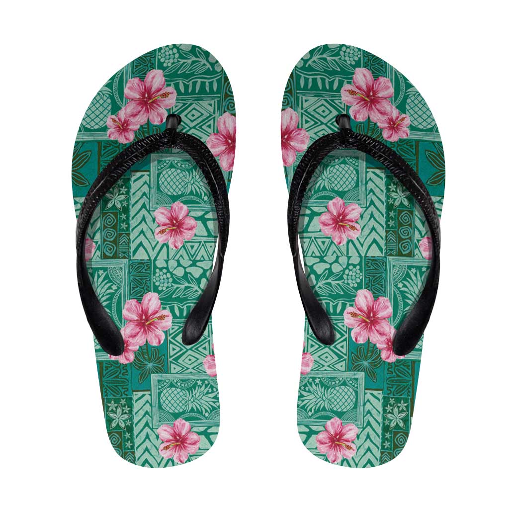 Cyan Hawaii Hibiscus Tropical Flowers Motifs Flip Flops - Polynesian Pride