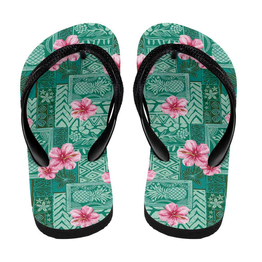 Cyan Hawaii Hibiscus Tropical Flowers Motifs Flip Flops - Polynesian Pride