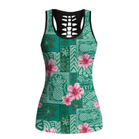 Cyan Hawaii Hibiscus Tropical Flowers Motifs Hollow Tank Top - Polynesian Pride