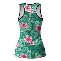Cyan Hawaii Hibiscus Tropical Flowers Motifs Hollow Tank Top - Polynesian Pride