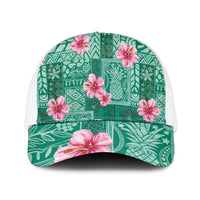 Cyan Hawaii Hibiscus With Tropical Flowers Motifs Baseball Net Cap - Polynesian Pride