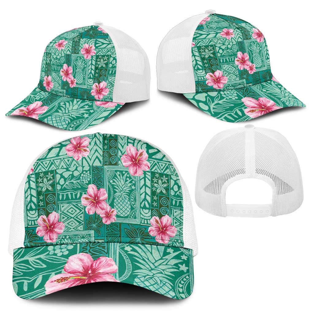 Cyan Hawaii Hibiscus With Tropical Flowers Motifs Baseball Net Cap - Polynesian Pride