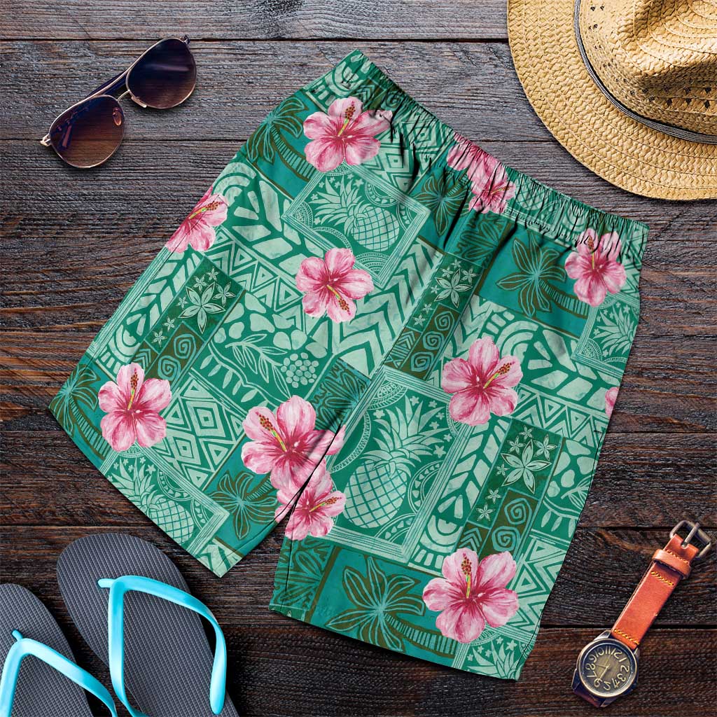 Cyan Hawaii Hibiscus With Tropical Flowers Motifs Shorts for Men - Polynesian Pride