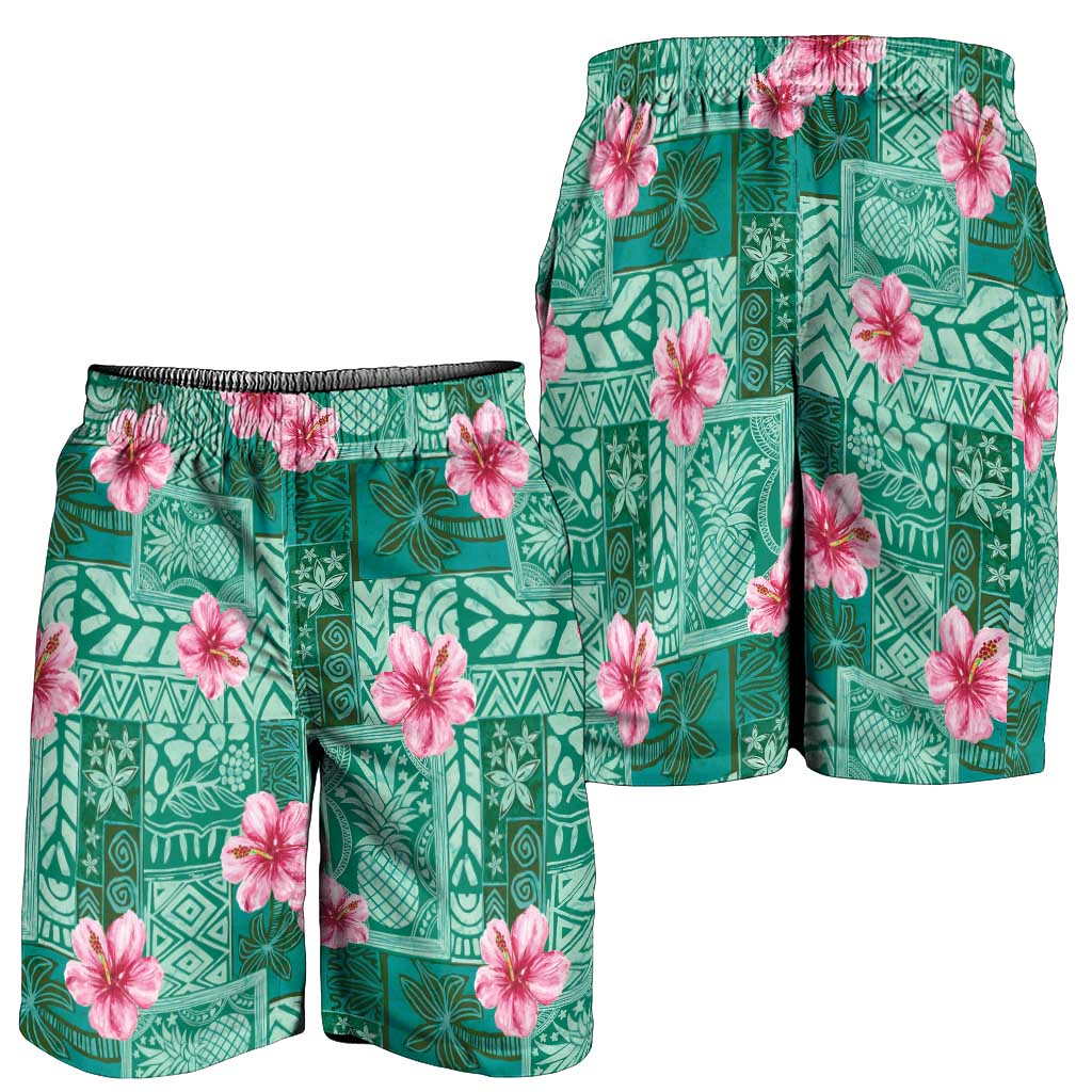 Cyan Hawaii Hibiscus With Tropical Flowers Motifs Shorts for Men - Polynesian Pride