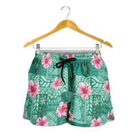 Cyan Hawaii Hibiscus With Tropical Flowers Motifs Shorts for Women - Polynesian Pride