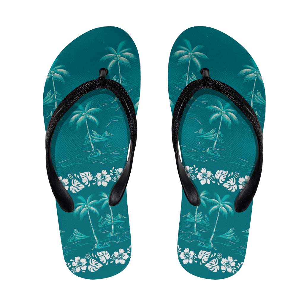 Cyan Hawaii Palm Tree Hibiscus Flip Flops Fantasy Summer Vibe LT01 Cyan - Polynesian Pride