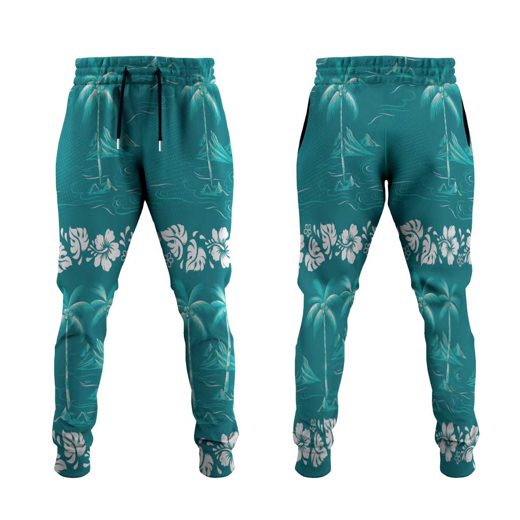 Cyan Hawaii Palm Tree Hibiscus Jogger Pants Fantasy Summer Vibe LT01 Cyan - Polynesian Pride