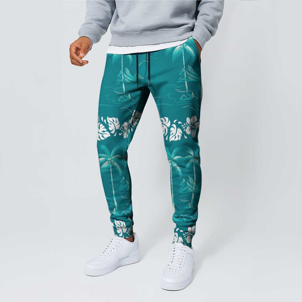 Cyan Hawaii Palm Tree Hibiscus Jogger Pants Fantasy Summer Vibe LT01 - Polynesian Pride