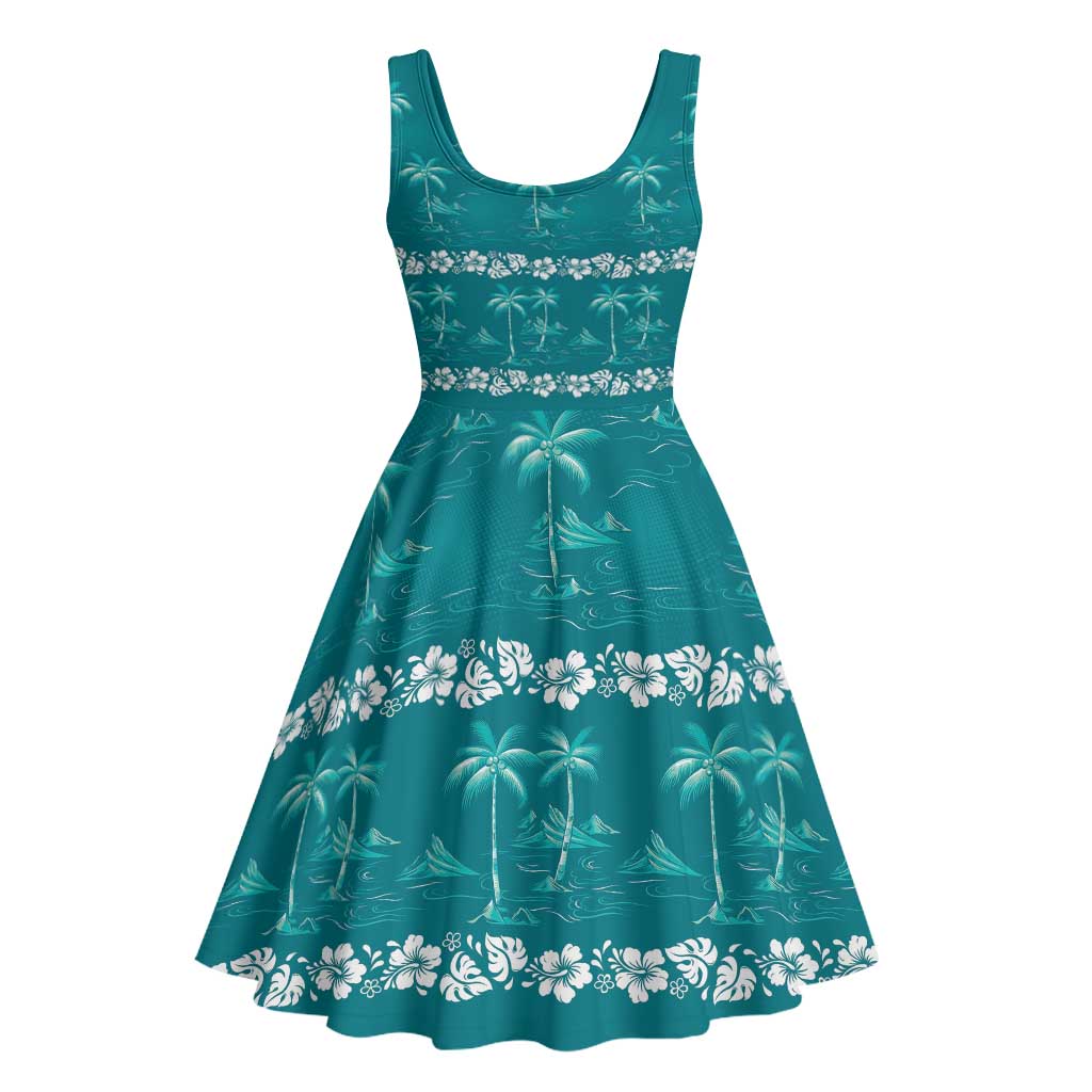 Cyan Hawaii Palm Tree Hibiscus Midi Dress Fantasy Summer Vibe LT01 - Polynesian Pride