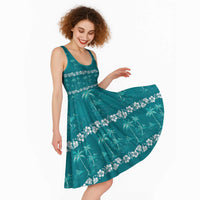Cyan Hawaii Palm Tree Hibiscus Midi Dress Fantasy Summer Vibe LT01 - Polynesian Pride