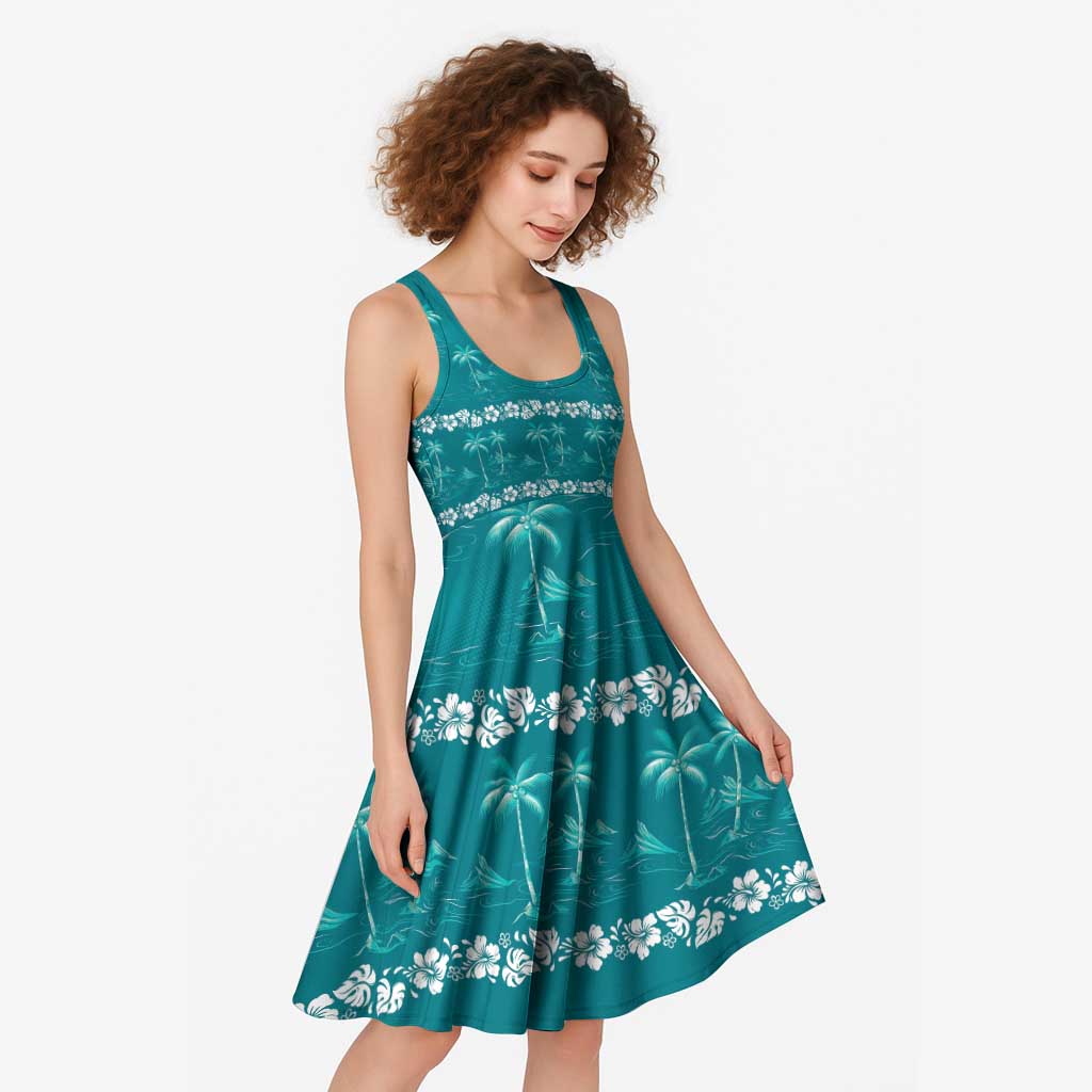 Cyan Hawaii Palm Tree Hibiscus Midi Dress Fantasy Summer Vibe LT01 - Polynesian Pride