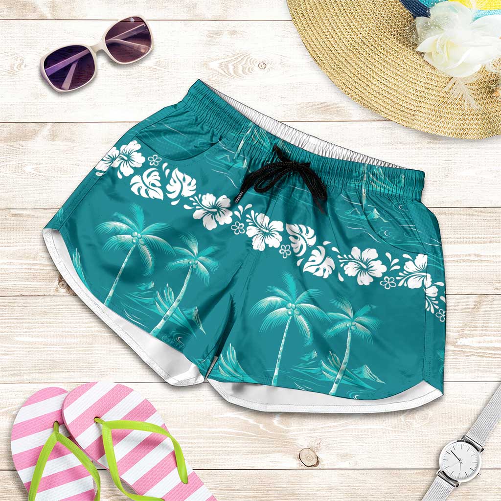 Cyan Hawaii Palm Tree Hibiscus Shorts for Women Fantasy Summer Vibe LT01 Cyan - Polynesian Pride