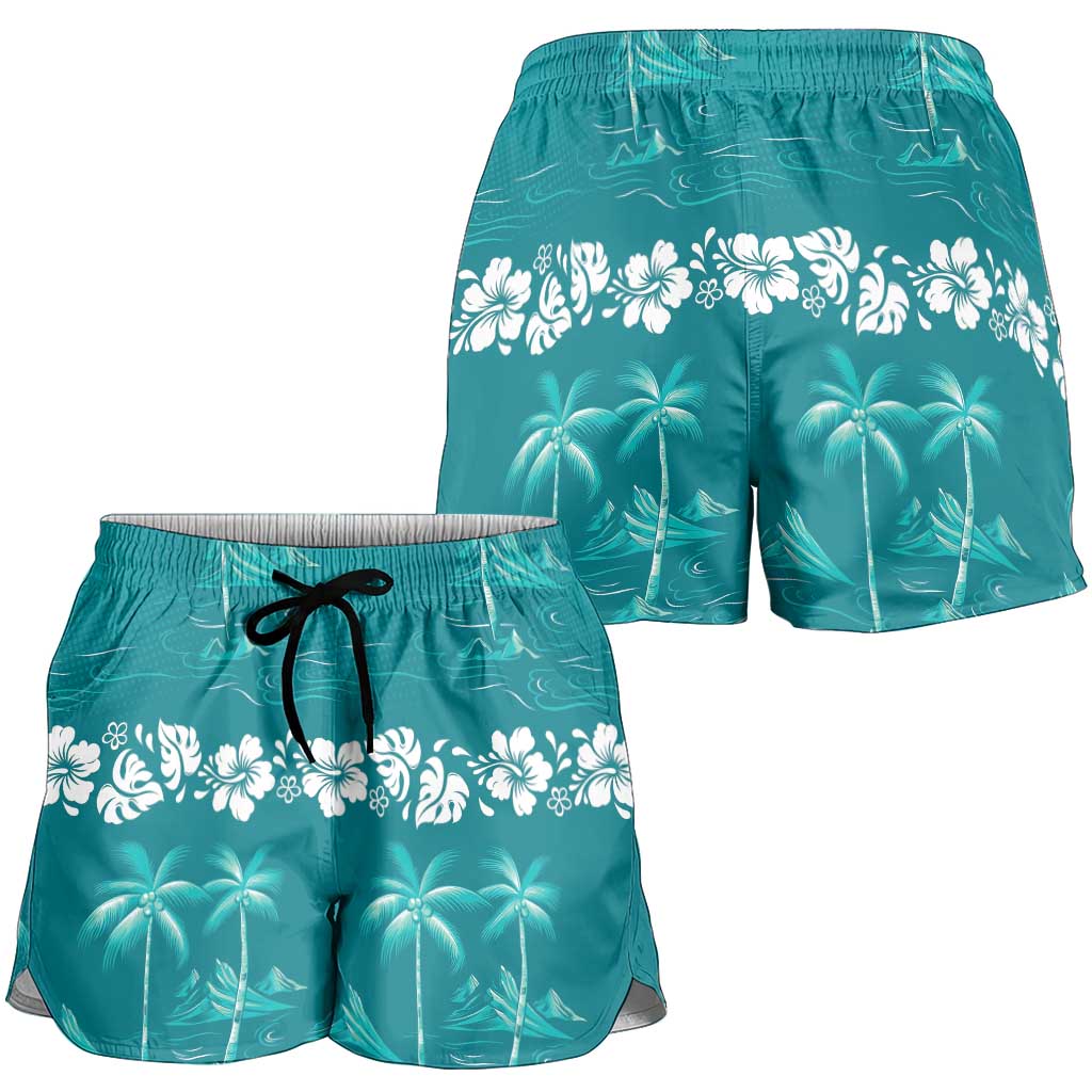 Cyan Hawaii Palm Tree Hibiscus Shorts for Women Fantasy Summer Vibe LT01 - Polynesian Pride