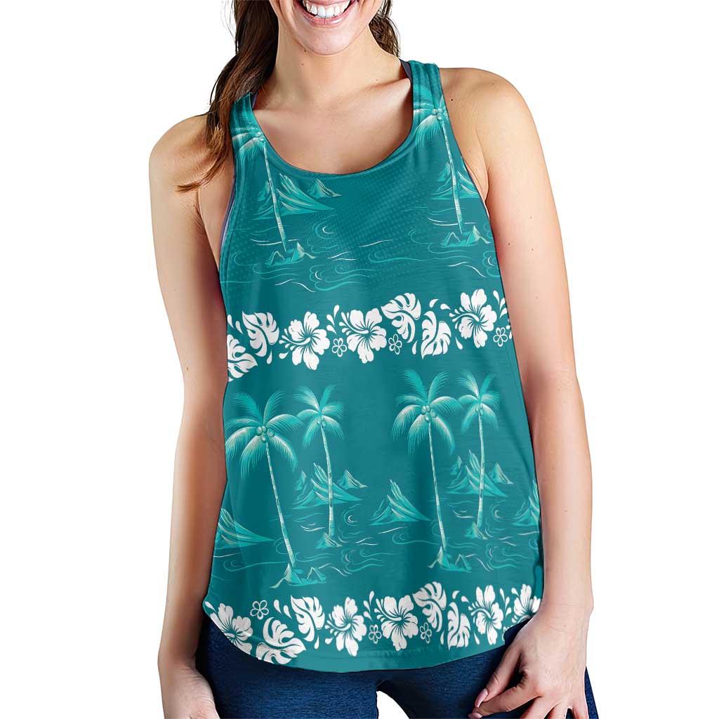 Cyan Hawaii Palm Tree Hibiscus Women Racerback Tank Fantasy Summer Vibe LT01 - Polynesian Pride