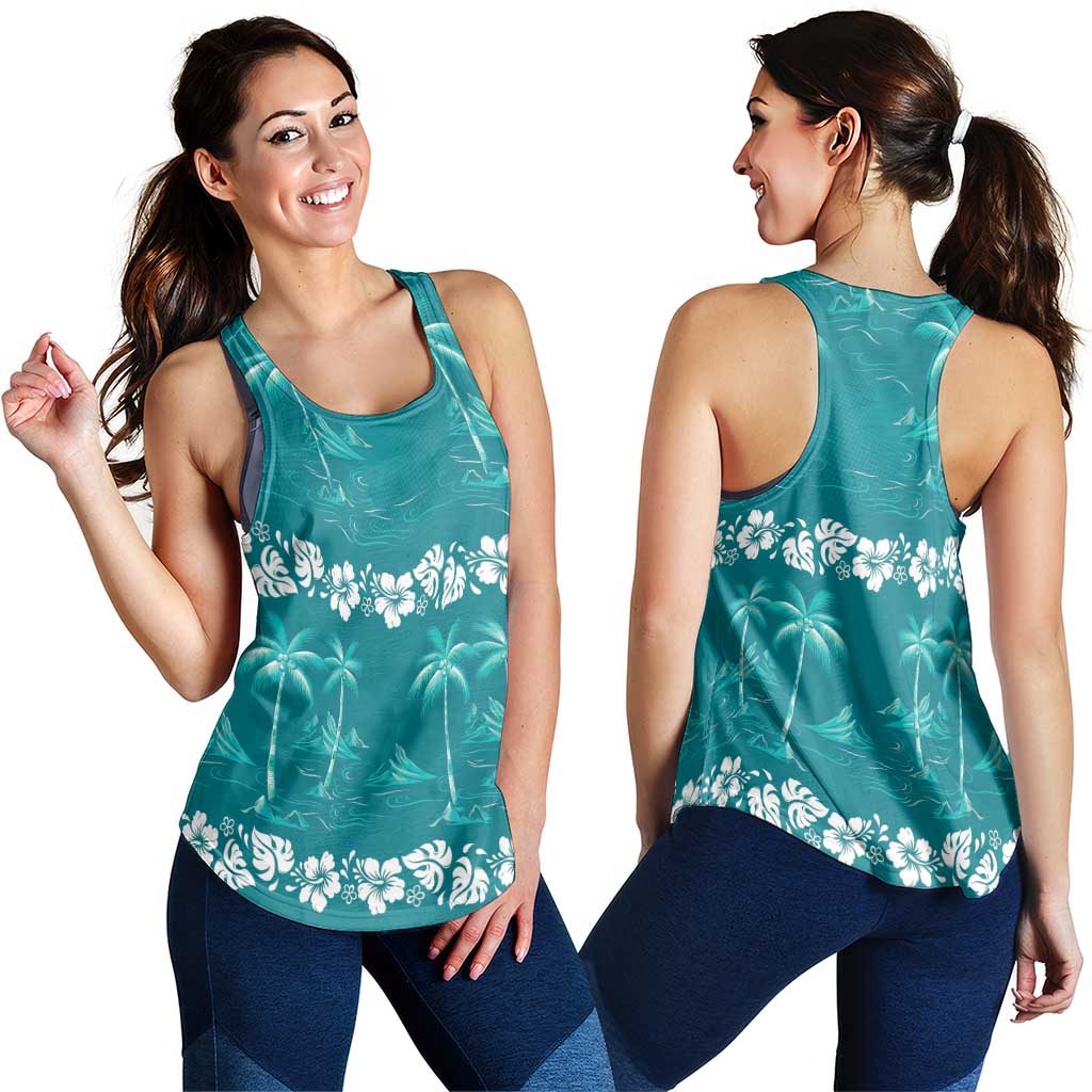 Cyan Hawaii Palm Tree Hibiscus Women Racerback Tank Fantasy Summer Vibe LT01 - Polynesian Pride