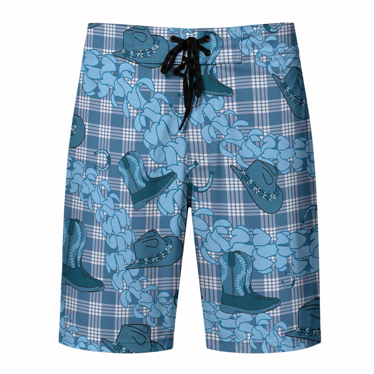 Cyan Palaka Hawaii Cowboy Board Shorts Puakenikeni Lei Paniolo Papale Seamless Vibes