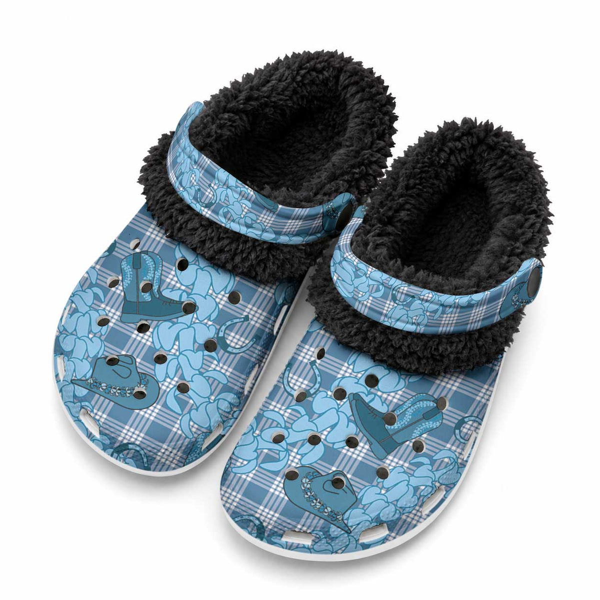 Cyan Palaka Hawaii Cowboy Fleece Clogs Puakenikeni Lei Paniolo Papale Seamless Vibes