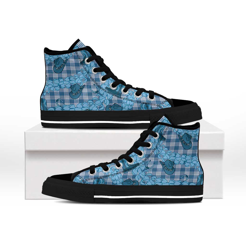 Cyan Palaka Hawaii Cowboy High Top Shoes Puakenikeni Lei Paniolo Papale Seamless Vibes - Polynesian Pride