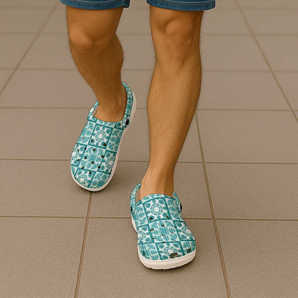 Cyan Palaka Quilt Hawaii Clogs Shoes Hawaiian Tropical Monstera Sea Turtle
