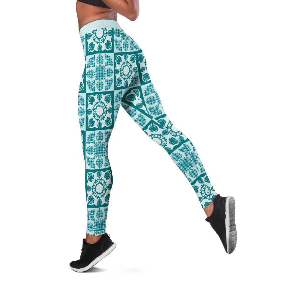 Cyan Palaka Quilt Hawaii Leggings Hawaiian Tropical Monstera Sea Turtle