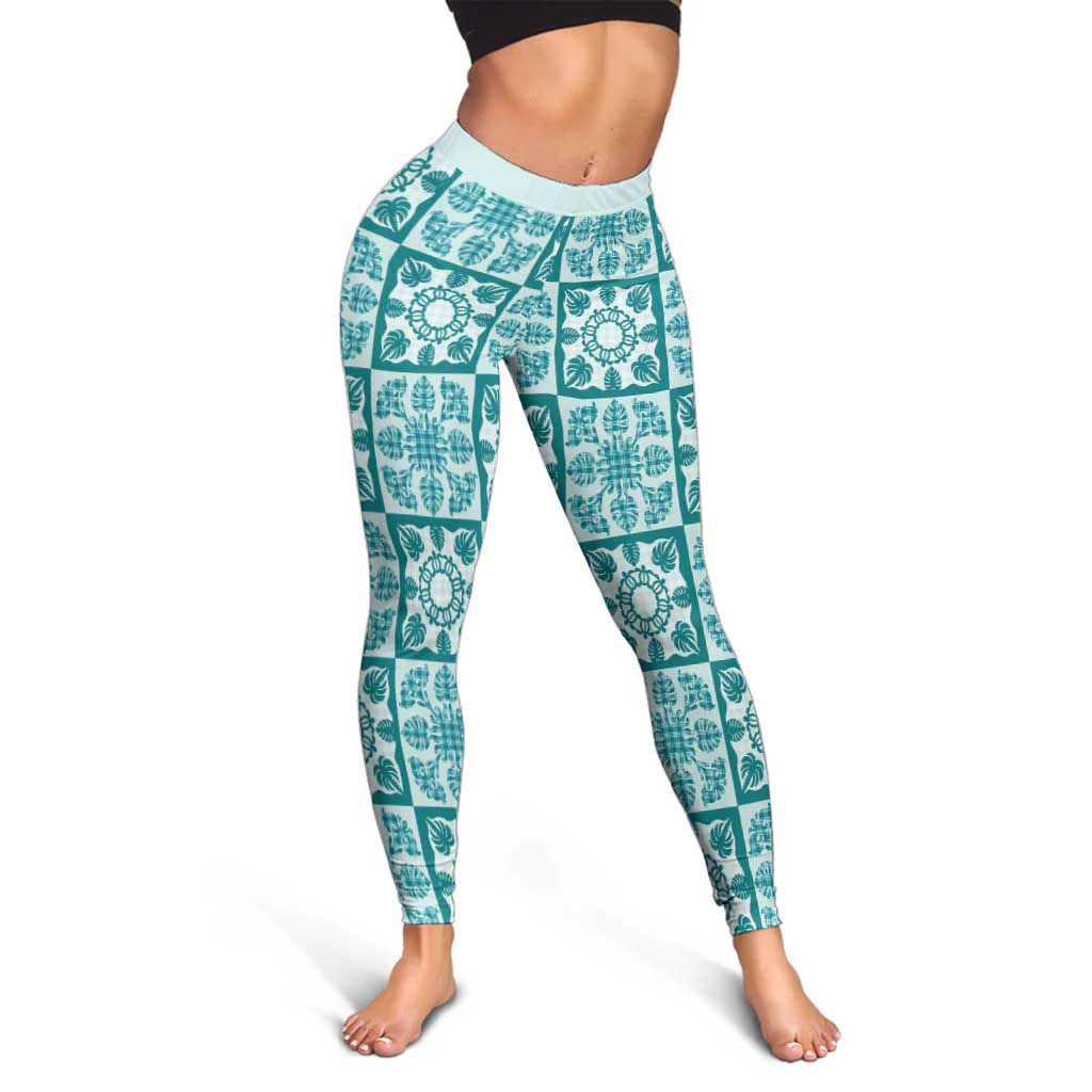 Cyan Palaka Quilt Hawaii Leggings Hawaiian Tropical Monstera Sea Turtle
